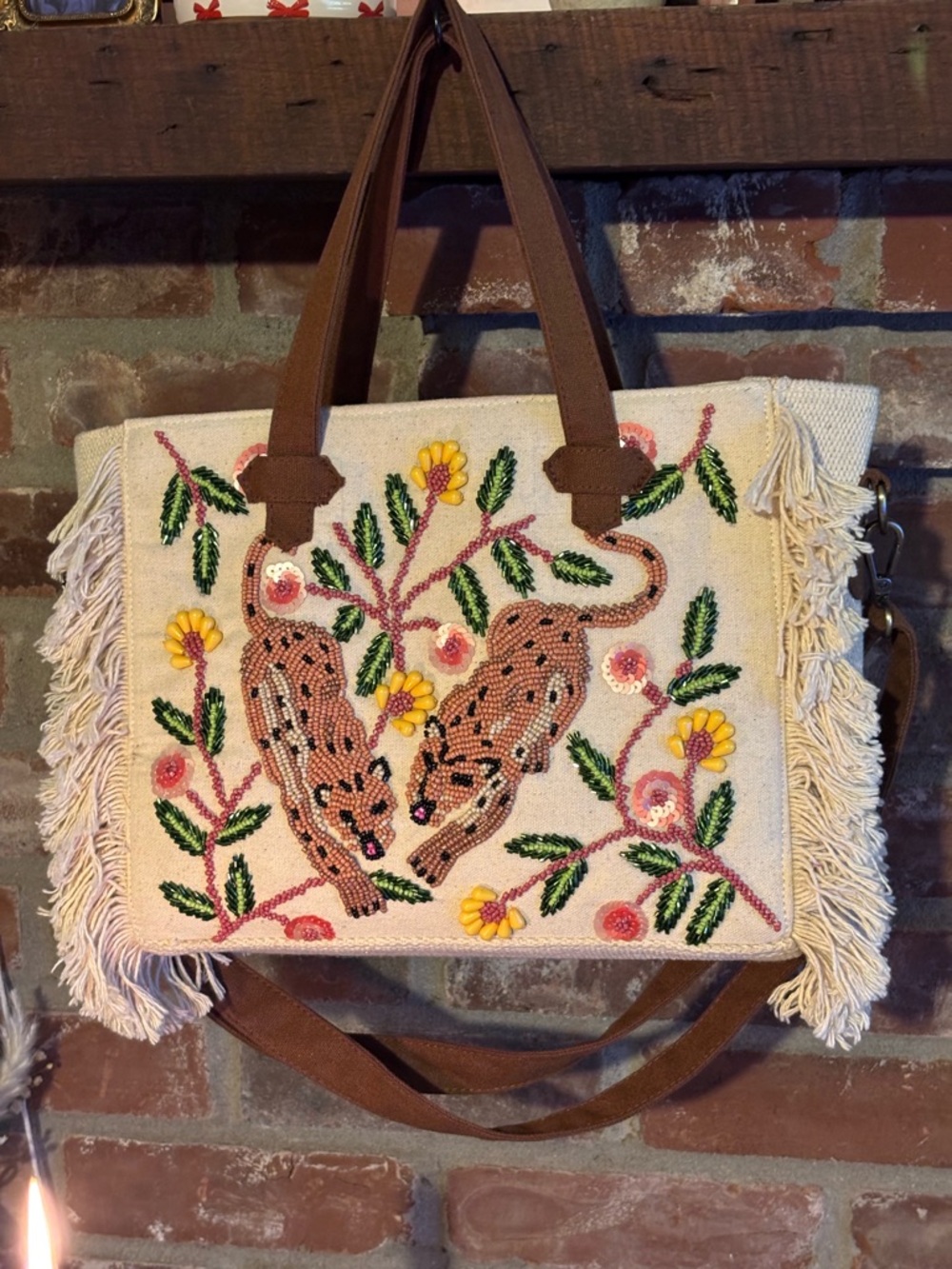 Cream Beaded Leopard Embroidery Fringe Tote with Brown Straps